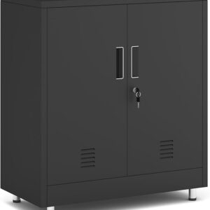 JINGUR Metal Storage Cabinet with Locking Doors and Adjustable Shelf, Small Lockable Sideboard Buffet Cabinet for Home Office Hallway Entryway Living Dining Room (Black)