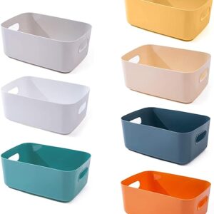 Click image to open expanded view        4 VIDEOS OWill 7-Pack Plastic Storage Bins and Baskets for Efficient Home Classroom Organization - Small Containers in Multiple Colors for Kitchen, Cupboard box, and Bathroom Organizer on Shelves and Tubs