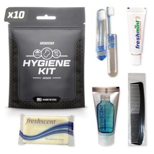 Go2Kits 10-Pack Travel Hygiene Kits with Toothbrush, Soap, Shampoo - Portable PPE for Trips, Emergency & Charity