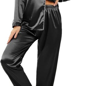 Ekouaer Womens Silk Satin Pajamas Set Black Loungewear Two Piece Sleepwear Button Down Pj Set