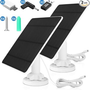 5W Solar Panel for Security Camera 2 Pack, 5V Solar Panel Charger with Micro USB, DC 3.5mm, USB & Type-C Port, IP65 Waterproof Solar Panel for Camera with 9.8ft Cable, 360° Adjustable Bracket