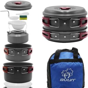 Bulin 24/13/11/8/4 PCS Camping Cookware Mess Kit Lightweight Backpacking Cooking Set Outdoor Cook Gear for Family Hiking, Picnic(Kettle, Pot, Frying Pan, Bowls, Plates, Spoon)