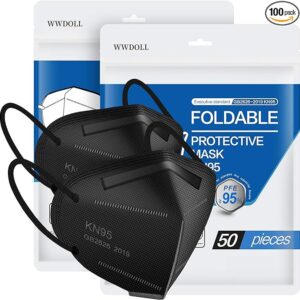 KN95 Face Mask 100 Pack, WWDOLL Black KN95 Mask 5-Layer Breathable Mask, KN95 Black Masks Protection for Adult, Indoor, Outdoor Use