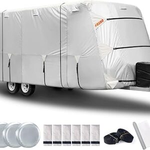 FRUNO Oxford Cloth Travel Trailer RV Cover 19'7"-22' Waterproof Rip-Resistant Anti-UV Camper Cover for Winter Snow with Jack Cover 4 Tire Covers and Gutter Covers