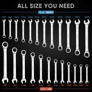 TICONN 24PCS Ratcheting Wrench Set with Organizer Rack, Professional Slim Profile Mechanic Cr-V Ratchet (12PCS Inch (SAE) & 12PCS mm (Metric))