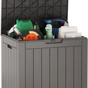 EAST OAK Outdoor Storage Box, 31 Gallon Deck Box Indoor and Outdoor Use, Waterproof Resin Storage Bin for Package Delivery, Patio Cushions, Gardening Tools, Outdoor Toys, Lockable, UV Resistant, Grey