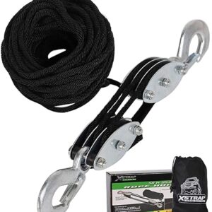 XSTRAP STANDARD Heavy-Duty 2,000 LB Breaking Strength 50 FT Rope Hoist, Metal Wheels Bearing Structure, 1000 LB Work Load Block and Tackle Pulley System for Lifting Heavy Objects, with 2pcs Soft Loops