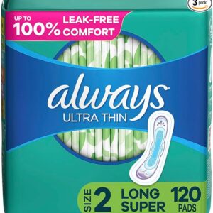 Always Ultra Thin, Feminine Pads For Women, Size 2 Long Super Absorbency, Without Wings, Unscented, 40 Count x 3 (120 Count Total)