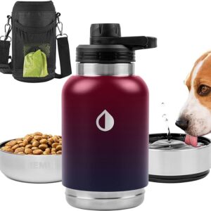HEMLI 32 oz. Dog Water Bottle, Insulated Dog Travel Water Bottle, Stainless Steel Pet Water Bottle Dispenser Portable Food and Water Bowl for Dogs with Carrying Case for Walking Dog Canteen Travel Kit