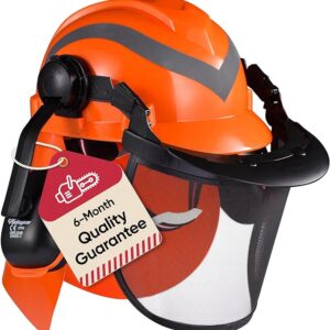SAFEYEAR Forestry Hard Hat, Cap Style Chainsaw Safety Helmet with 4 Point Ratchet Suspension for Women & Men, with Adjustable Ear Muffs & Face Shield Visor, Neck Shade,Anti Impact Work Gloves