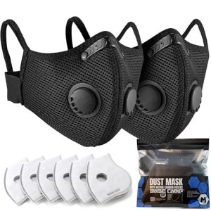 BASE CAMP Upgrade M Plus Dust Mask 2 Pack, Breathable Reusable Dust Face Mask with 6 Activated Carbon Filters for Woodworking Construction Mowing Grinding