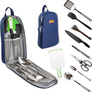 10 Pcs Camp Cooking Utensil Set & Outdoor Kitchen Gear Cookware Kit, Portable Compact Carry Case for Camping, Hiking, Travel, BBQ Grilling Stainless Steel Accessories Spoon & Fork, Navy