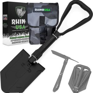RHINO USA Folding Survival Shovel w/Pick - Heavy Duty Carbon Steel Military Style Entrenching Tool for Off Road, Camping, Gardening, Beach, Digging Dirt, Sand, Mud & Snow.