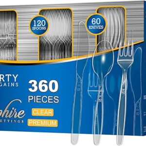 Party Bargains Disposable Cutlery set, SAPPHIRE Design, Clear Color, 360 Pieces: 180 Forks, 120 Spoons, 60 Knives