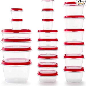 Rubbermaid 42-Piece Food Storage Containers with Lids, Salad Dressing and Condiment Containers, and Steam Vents, Microwave and Dishwasher Safe, Red (Pack of 21)