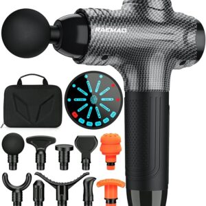 RAEMAO Massage Gun Deep Tissue, Back Massage Gun for Athletes for Pain Relief Attaching 10 PCS Specialized Replacement Heads, Percussion Massager with 10 Speeds & LED Screen, Carbon