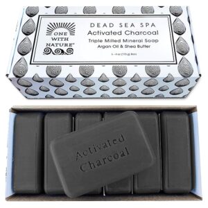 One With Nature 4Oz 6Pack Charcoal Soap Bar in Gift Box for Face, Body, Acne, All Skin Types - Contains Dead Sea Salt, Activated Charcoal, Shea Butter, Argan Oil and 21 Essential Minerals
