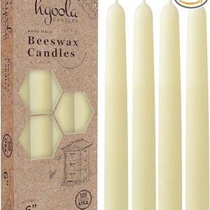 Hyoola 6" Beeswax Taper Candles - 6 Hour Burn Time - White Beeswax Candles - 4 Pack