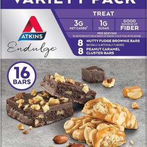 Atkins Endulge Treat Variety Pack, Nutty Fudge Brownie Bar & Peanut Caramel Cluster, Keto Friendly, 16 Bars (8 Each Flavor)