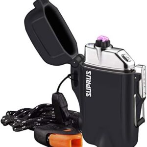 SUPRUS Waterproof Lighter 3 Modes of Flashlight Windproof Lighter Dual Arc Electric Lighters Rechargeable Dual Arc Plasma Lighter with Survival Emergency Whistle and Lanyard