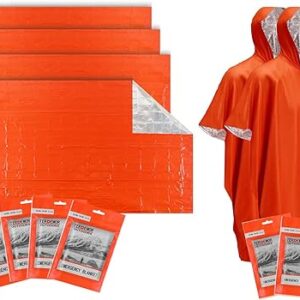 Emergency Blanket 4 Pack (82" x 60"), Emergency Poncho 2 Pack (53" x 51") with Mylar Blanket Liner, Larger and Thicker Survival Blanket