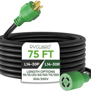 RVGUARD 4 Prong 30 Amp 75 Foot Generator Extension Cord, NEMA L14-30P/L14-30R, 125/250V Up to 7500W 10 Gauge SJTW Generator Cord with Cord Organizer, ETL Listed