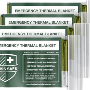 Swiss Safe Emergency Mylar Thermal Blankets + Bonus Space Blanket - Compact & Insulated for Cold Weather - Designed for NASA, Outdoor Camping, Survival, First Aid Car Kit - Army Green, 4 Pack