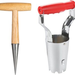 FLORA GUARD Bulb Planter & Wood Handle Seed Planter Dibber with Depth Mark for Sowing Seed,Transplanting Plants,Planting Bulb,Digging