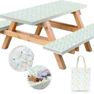 RNOONY Vinyl Fitted Picnic Table Cover with Bench Covers and Bag,8ft Outdoor Waterproof Picnic Tablecloth with Elastic Edges, 96x30 Inches 3 Pcs Set (Spring Floral)