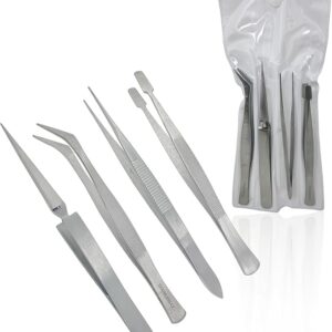 Cynamed Precision Hobby Tweezers Tool Set, Stainless Steel Long Tweezers Kit Curved Tweezers for Electronics, Laboratory Work, Diamond Handling, Jewelry-Making, Craft, Soldering (Hobby Tweezers 4-Set)