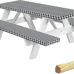 LINPRO Premium Picnic Table Cover with Bench Covers Vinyl Fitted Picnic Table Covers with Elastic RV Camping Accessories and Camper Must Haves Waterproof (Black Gingham, 96 x 30(8ft))