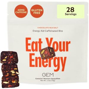 GEM Energy Aid Caffeinated Bite | Holistic Sustained Energy | Supports Metabolism & Endurance | 40mg Caffeine, Ginseng Root, L-Theanine | Chocolate Cacao Sea Salt | 28 Servings