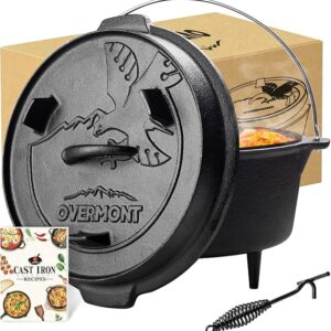 Overmont 9QT Camp Dutch Oven Pre Seasoned Cast Iron Lid Also a Skillet Casserole Pot with Lid Lifter for Camping Cooking BBQ Baking 9QT(Pot+Lid)