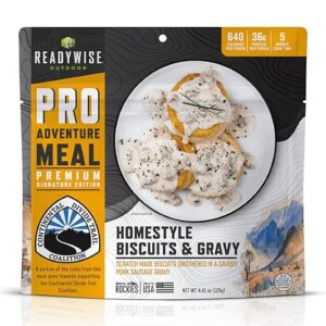READYWISE - Outdoor Pro Adventure Meal, Homestyle Biscuits & Gravy with Sausage, 2 Servings, 1 Pouch, al640 Cories, 36 Grams of Protein, MRE, Freeze Dried Food for, Camping, Hiking, and Backpacking