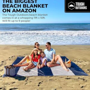 Tough Outdoors Beach Blanket Waterproof Sandproof Oversized - 11'x10' Extra Large Sand Free Beach Mat for 9 Adults - Hiking, Outdoor Beach Picnic Blankets for Travel, Camping & Festivals