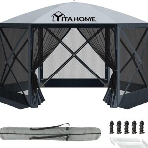 YITAHOME 12x12ft Camping Gazebo, Portable Pop Up Canopy Outdoor Screen Tent 6 Sided with Mesh Windows and Carry Bag for Camping, Picnic, Backyard Party Outside Activities, Gray