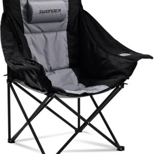 Swonder Oversized Moon Camping Chair with Innovative 2-in-1 Removable Seat Cushion for All Seasons, Heavy-Duty Fully Padded Folding Outdoor Chair with Headrest and Carry Bag