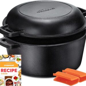Overmont 2 in 1 Pre Seasoned Dutch Oven with Skillet Lid for Induction, Electric, Grill, Stovetop, BBQ, Camping (5 Quart)