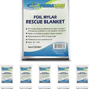 Primacare HB-10 Emergency Foil Mylar Thermal Blanket (Pack of 10), 52" Length x 84" Width, Silver