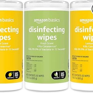 Amazon Basics Disinfecting Wipes, Lemon & Fresh Scent, Sanitizes, Cleans, Disinfects & Deodorizes, 255 Count (3 Packs of 85)