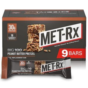 MET-Rx Big 100 Colossal Protein Bars, Great as Healthy Meal Replacement, Snack, and Help Support Energy, Peanut Butter Pretzel, With Vitamin A, Vitamin C, and Zinc, 100 g, (Pack of 9)