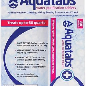 Aquatabs 49mg Water Purification Tablets (30 Pack). Water Filtration System for Hiking, Backpacking, Camping, Emergencies, Survival, and Home-Use. Easy to Use Water Treatment and Disinfection.