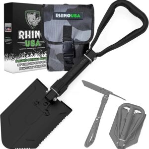RHINO USA Folding Survival Shovel w/Pick - Heavy Duty Carbon Steel Military Style Entrenching Tool for Off Road, Camping, Gardening, Beach, Digging Dirt, Sand, Mud & Snow.