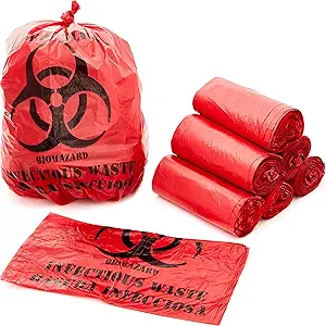 No Leak, Hospital Grade Biohazard Waste Bags 50 Pk. 10 Gallon, 24" Red Trash Liner With Hazard Symbol For Infectious Waste Disposal