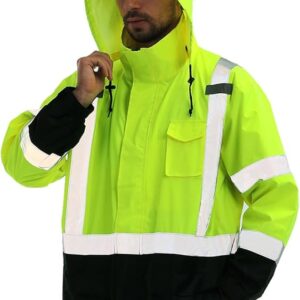 sesafety Hi Vis Rain Jacket, Rain Suits for Men Waterproof withBlack Bottom, Rain Coats for Men Interior Mesh, Class 3 HighVisibility Rain Gear,Removable Hood