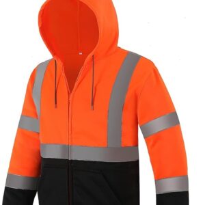 sesafety High Visibility Safety Sweatshirt for Men, Class 3 Reflective Zippered Hooded Sweatshirt, Hi-Vis Safety Hoodie with Black Bottom