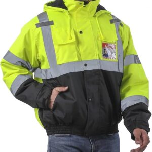 sesafety Reflective Jacket for Men, High Visibility Jackets, Safety Jackets for Men, Hi Vis Construction Bomber Jackets Waterproof with Pockets and Zipper, Black Bottom, Class 3