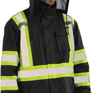 sesafety Hi Vis Rain Jacket, Rain Suits for Men Waterproof withBlack Bottom, Rain Coats for Men Interior Mesh, Class 3 HighVisibility Rain Gear,Removable Hood