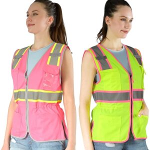Hi Vis Safety Vest for Women, Working Drawstring waist Construction Vest with Pockets and Zipper, Womens Safety Vest, ANSI Type R Class2, Yellow Pink Strips, bundle,4XL