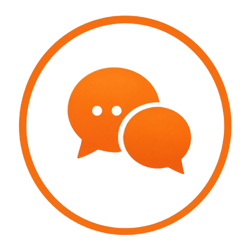 Orange chat bubbles logo inside an orange circle on a black background, symbolizing messaging.